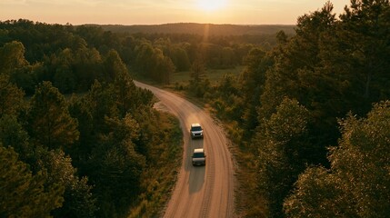 Fototapeta premium a winding dirt road surrounded by dense forest at sunset. The sun casts a warm, golden light over the scene, illuminating the road and the surrounding trees.