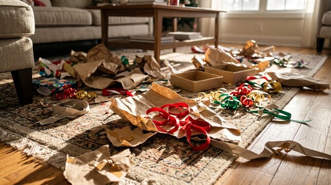 Christmas morning aftermath messy living room floor with torn wrapping paper and ribbons scattered around gifts