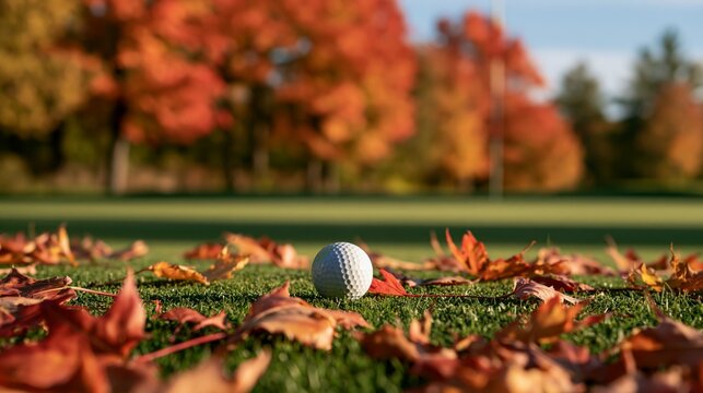 a golf course during autumn. The main subject is a golf ball resting on a bed of vibrant red and orange maple leaves. The leaves are scattered across the grass, some overlapping each other.