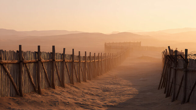 A wooden fence bordering a dusty path in a desert landscape at sunrise. The warm light of the rising sun casts long shadows, creating a sense of peace and isolation