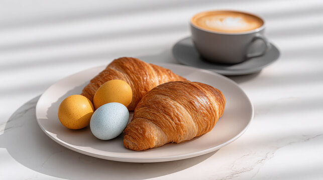 A delightful breakfast spread featuring two golden croissants and two colorful easter eggs on a white plate, accompanied by a steaming cup of coffee with latte art