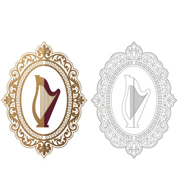 Elegant golden harp icon encased in an ornate vintage circular frame with classical music instrument classical illustration decorative symphony