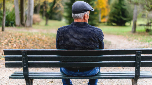 An elderly man wearing a flat cap and a dark jacket sits alone on a park bench, facing away from the camera. The background features autumn foliage and trees