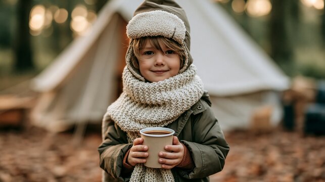 a young child outdoors during the golden hour. The child wears a cozy winter outfit a beige knitted scarf wrapped around their neck and a matching beige beanie.