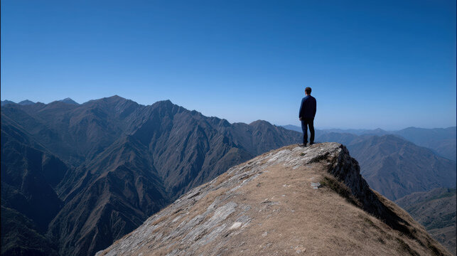 A lone man standing on a mountain peak, looking out over a vast expanse of rugged mountain ranges under a clear blue sky