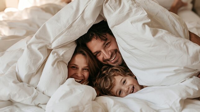 a joyful moment in a bedroom. The main subjects are a man, a woman, and a young child, all wrapped in white sheets, peeking out from under the sheets. The woman, on the left, has long.