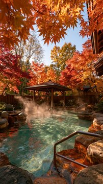a serene outdoor setting during autumn. The main subject is a tranquil pool with clear turquoise water, surrounded by rocks and boulders. A metal railing extends into the pool.