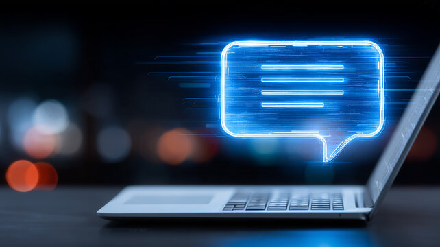 Laptop displaying a digital speech bubble representing online communication messaging and virtual customer support.
