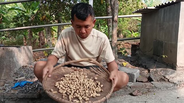 Indonesian Farmer Cleaning Raw Harvested Peanuts with Woven Bamboo Winnowing Tray
