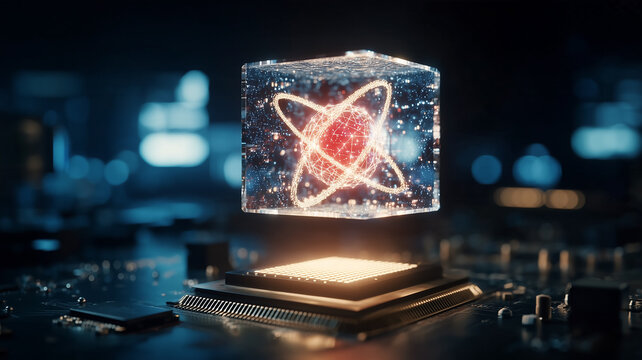 A glowing atomic model above a microchip represents quantum computing and advanced processor technology.
