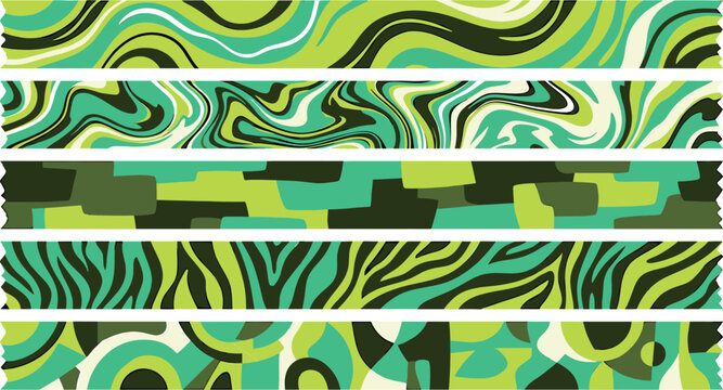Set of green abstract seamless pattern borders with camouflage liquid marble and animal texture brush strokes vector