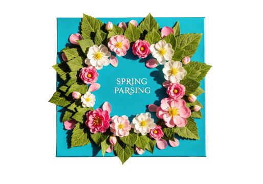 Spring parsing text surrounded by floral wreath isolated on transparent background