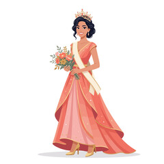 Fototapeta premium Beautiful Woman Queen Crowned Princess Holding Flowers, Elegant Dress