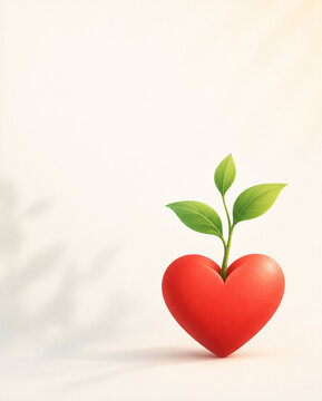 Red heart with a green sprout growing from the top on a light background with copy space