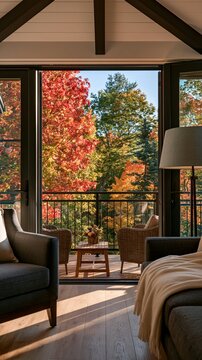 a modern living room with a panoramic view of a forested area during autumn. The main subject is a cozy living space with a sofa, armchair, and side table.