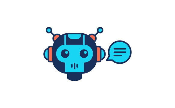Modern blue robot head with speech bubble in clean vector illustration style