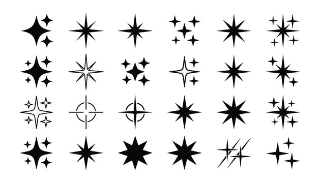 Black sparkle and star icon vector set featuring various twinkling shapes retro stars bursts glints and magic flashes for decorative graphic designs