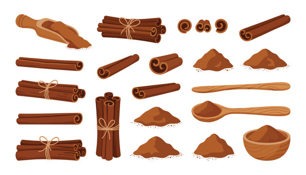 Aromatic cinnamon spice vector element set featuring organic rolled bark sticks, heaps of brown baking powder, wooden spoons, and kitchen culinary ingredient graphics