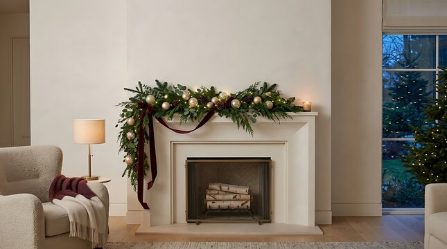 Festive christmas fireplace mantel decorated with evergreen garland gold ornaments and velvet ribbon in a cozy living room interior