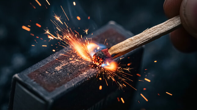 A close-up shot of a wooden match igniting with a shower of sparks against a dark background. The striking surface of the matchbox is visibly worn