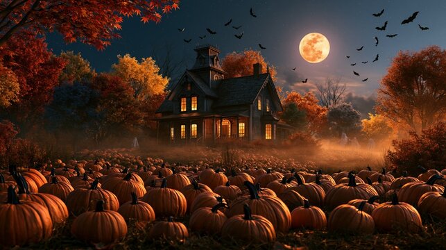 a Halloweenthemed scene. A large, ornate, Gothicstyle house with a steeply pitched roof and a clock tower is the main subject. The house is bathed in warm, golden light.
