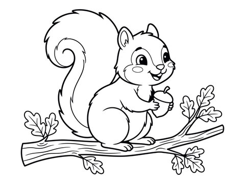 Cute squirrel holding acorn on branch coloring page silhouette