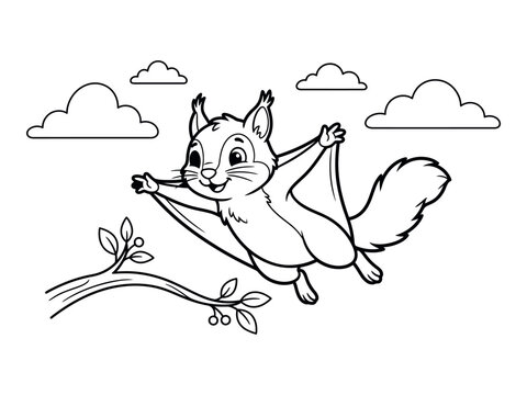 Cute squirrel jumping with clouds and branch outline silhouette