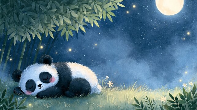 a serene night scene with a panda peacefully sleeping in a lush bamboo forest. The pandas black and white fur contrasts with the deep blue night sky, which is dotted with stars and a large.