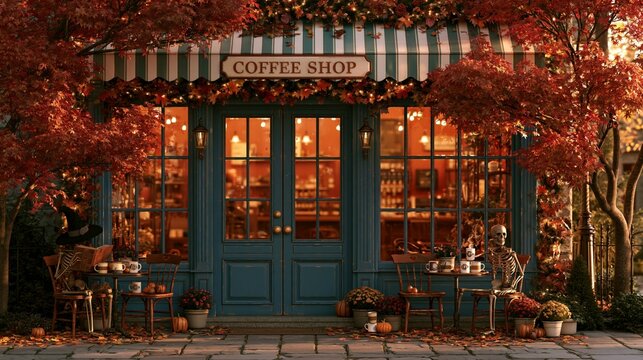 a cozy autumnal scene outside a coffee shop. The shops facade is adorned with a striped awning and a sign reading COFFEE SHOP. The shop has large glass windows and doors.
