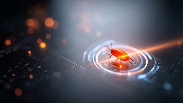 A computer bug highlighted by a digital scanner represents software debugging vulnerability detection and cybersecurity testing.
