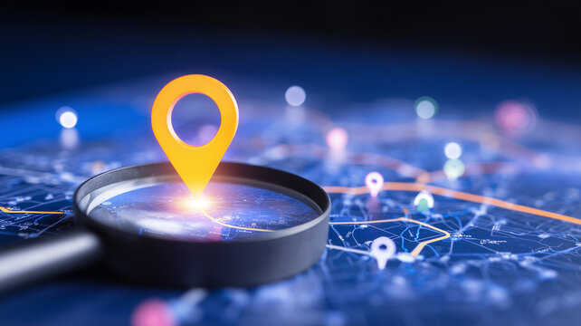 A magnifying glass over a map pin represents location search route planning navigation and geospatial analysis.
