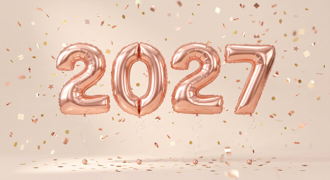 Rose Gold Balloons Displaying the Year 2027 Against a Soft Pink Background for Celebrations