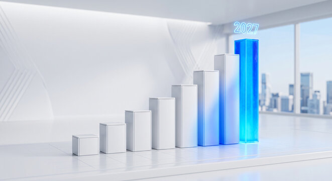 New Year 2027: White and blue 3D bar charts representing projected financial growth, business strategies, and future organizational success.