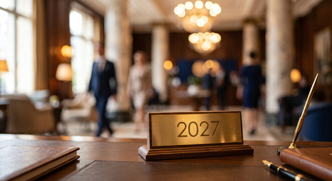 Happy New Year 2027 greeting in a modern office setting with city view