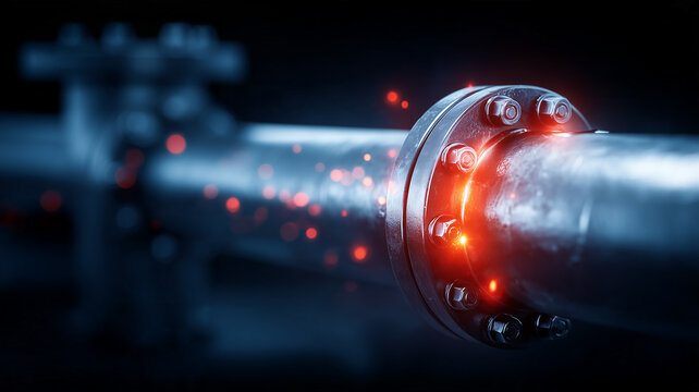 An industrial pipeline flange with a glowing fault point represents leak detection infrastructure risk and preventive maintenance.
