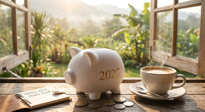 New Year 2027 financial resolutions and budget planning concept. a piggy bank and coffee on a wooden desk.