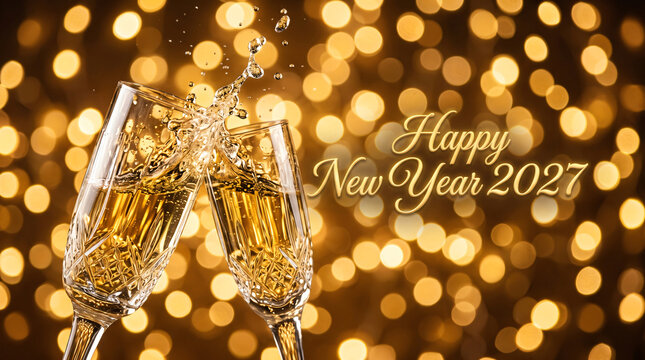 Two champagne glasses clinking for Happy New Year 2027 party background