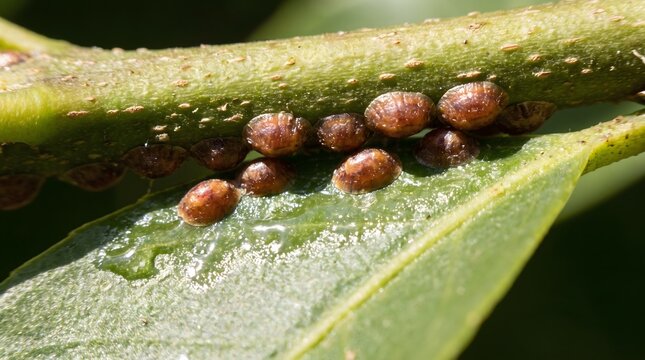 Scale insects infestation on green plant stem macro view