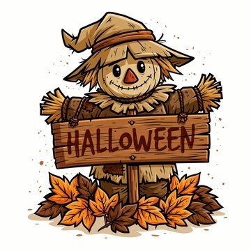a scarecrow holding a wooden sign that reads HALLOWEEN. The scarecrow wears a straw hat, a striped shirt, and a ruffled collar. Its face has a cheerful expression with a red nose and a wide.