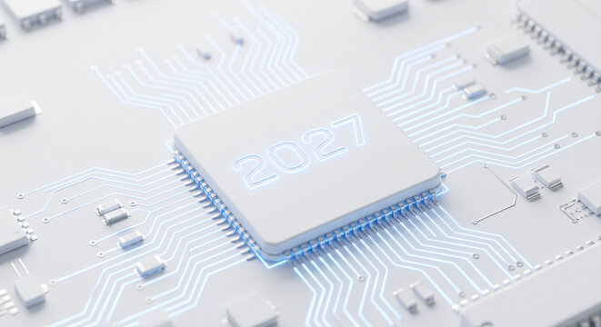 Precision New Year 2027 etching on White chip Ideal for nanotechnology, hardware engineering, or future computing.