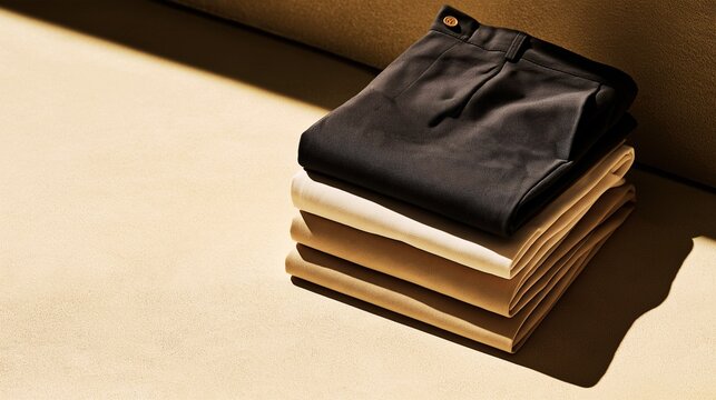 A stack shot of neatly folded men&rsquo;s slacks and chinos (luxurious lifestyle product photography)