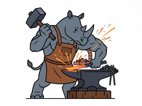 Rhino blacksmith forging hot metal on anvil