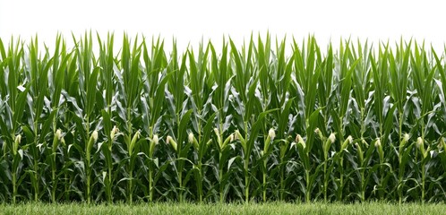 Obraz premium Corn and maize field plantation with green agricultural stalks and leaves showing growth isolated on white background
