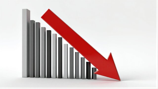 Red arrow points downward through diminishing gray bars, symbolizing decline.