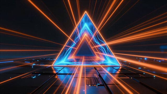 Neon triangle portal with radiant orange and blue light beams in futuristic digital space.
