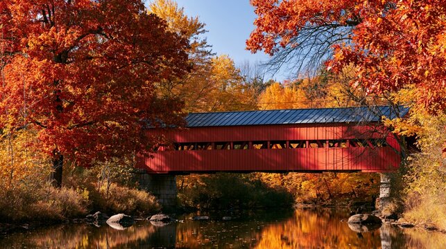 a red covered bridge spanning a still river. The bridge has a metal roof and is supported by stone pillars. The trees surrounding the bridge display vibrant red, orange, and yellow leaves.