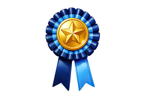 Gold award medal with blue ribbon rosette isolated on transparent background to recognize success achievement victory first place and outstanding performance.