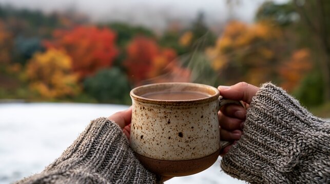 a persons hands holding a ceramic mug filled with a steaming hot beverage. The mug has a speckled texture and a brown rim. The person wears a textured, gray knitted sweater.