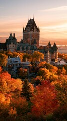 Obraz premium a picturesque cityscape during autumn. The main subject is a grand, multitiered castle with ornate turrets and turrets, situated atop a hill. The castle is bathed in warm hues of orange, yellow.
