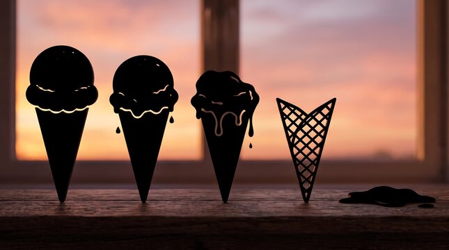 Silhouette of melting ice cream cones against a beautiful sunset sky visible through a window
